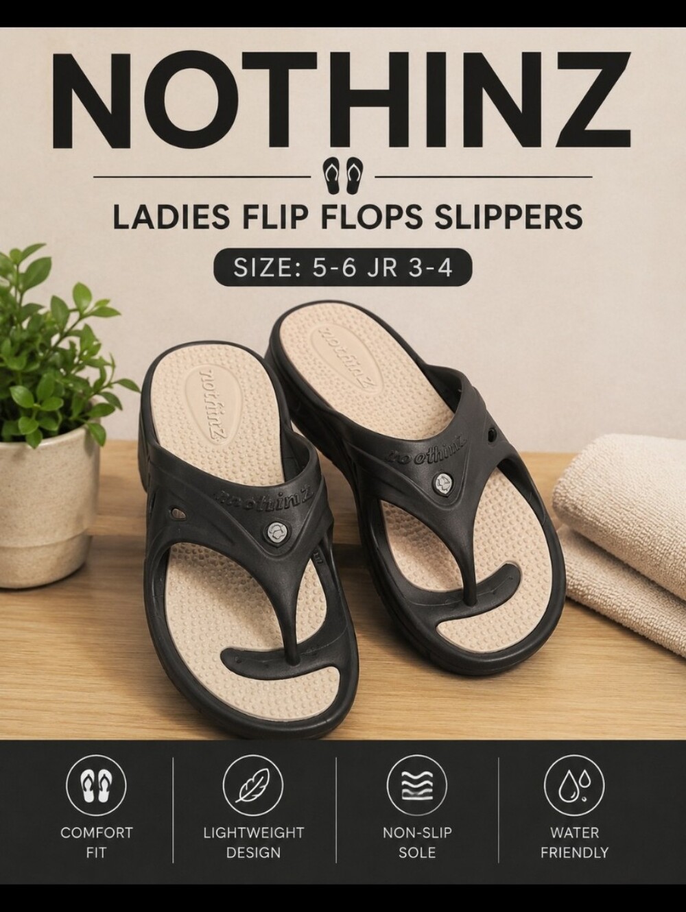 NOTHINZ Ladies 5-6 Jr3-4 Black  Flip Flops Slippers